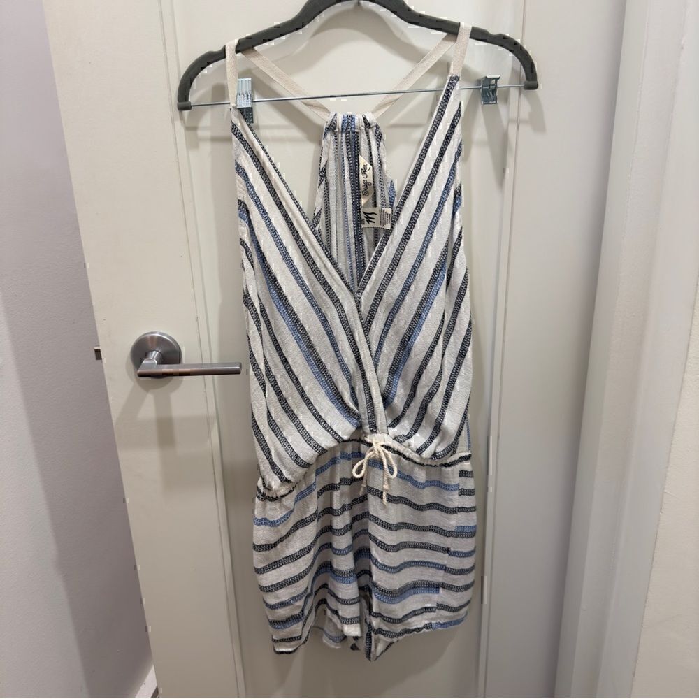 Blue/Black & oatmeal Striped Romper Size M